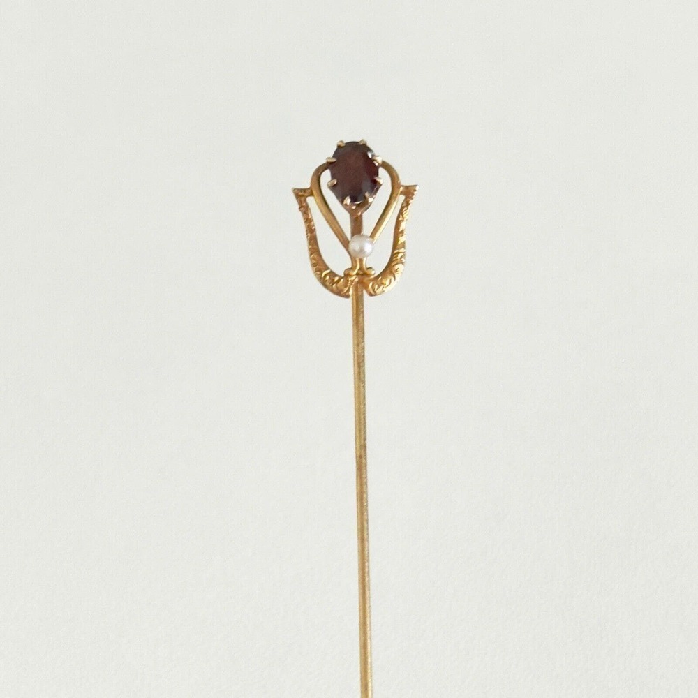 Antique 14k Yellow Gold Garnet Seed Pearl Stick Pin - Picture 13 of 13